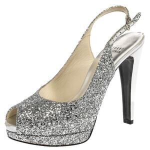 Stuart Weitzman Silver Glitter Peep Toe Sling Backs Platforms- 8.5